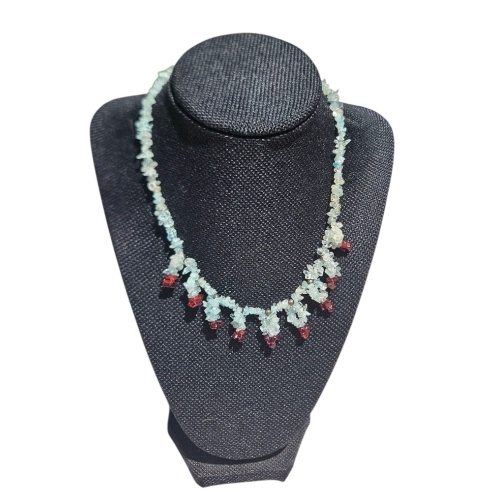Artisan Aquamarine and Garnet Chip Necklace. - Picture 2 of 6
